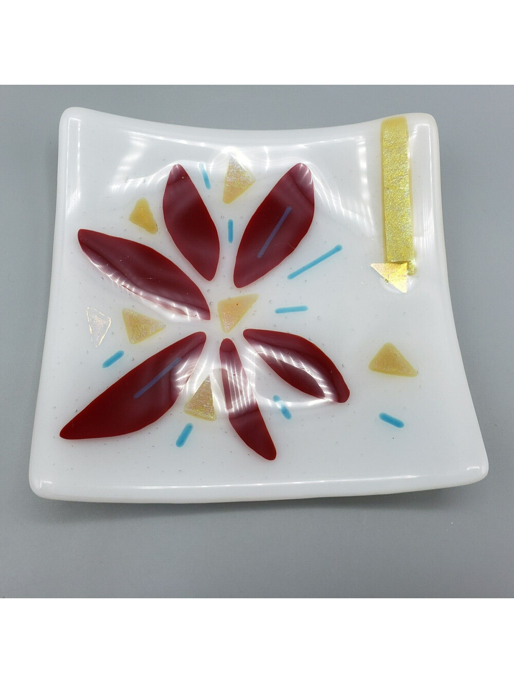 Fused Glass Tray Atomic Floral Dichroic Glass White Red Square Dish Trinket